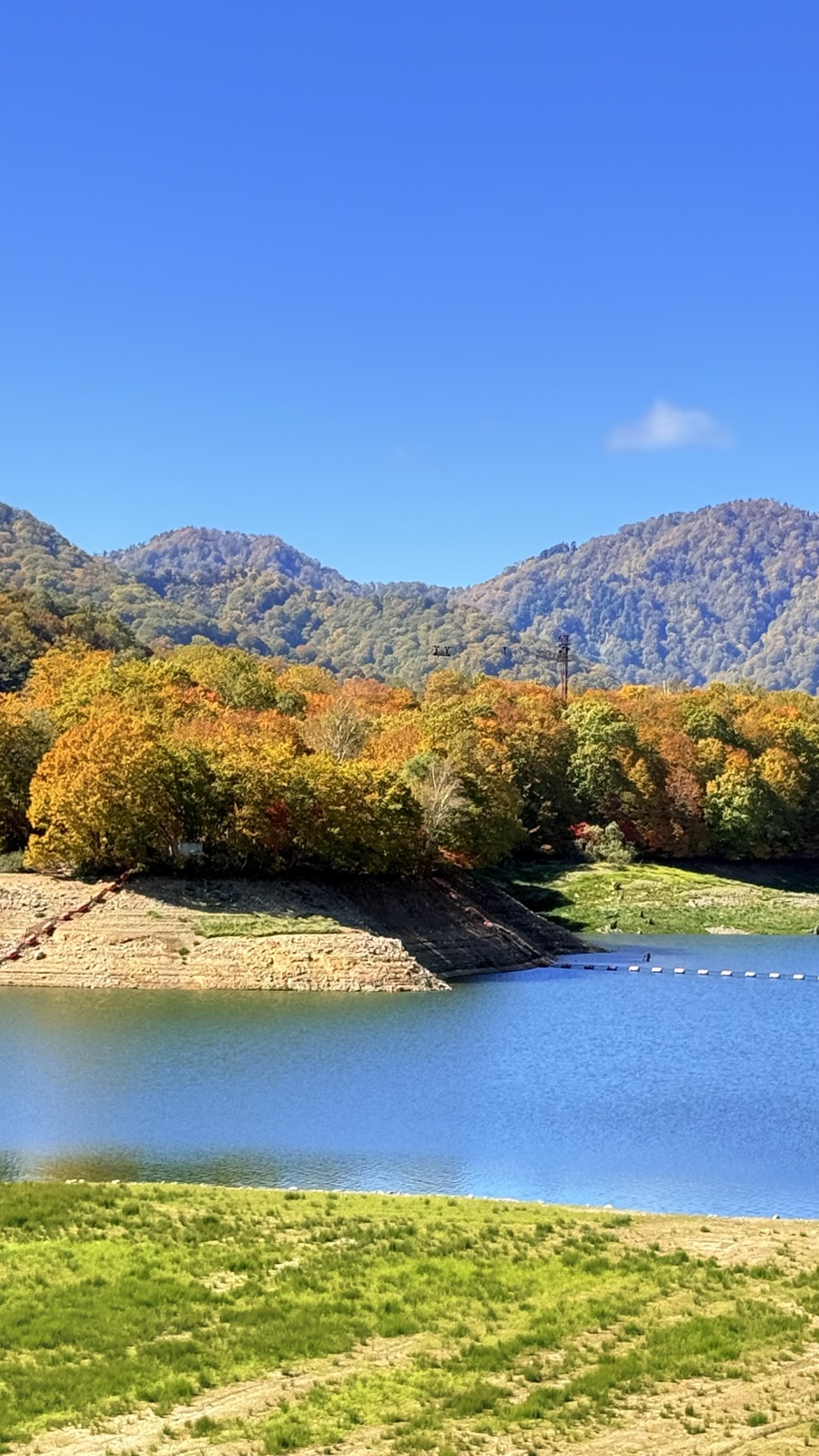 紅葉した山と湖